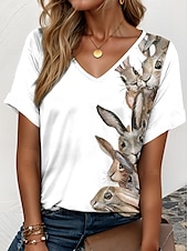 cheap Animals tee-Easter Women&#039;s T Shirt Graphic Animal Elegant Vintage Casual Short Sleeve V Neck Regular Tops Daily Weekend Vacation Wear Print White Summer