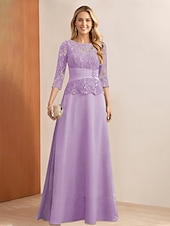 billiga Golvlängd-A-Line Klänning Brudens Mor Klänning Elegant Fest Ädel Halsringning Golvlängd Chiffon Spets 3/4 Längd Ärmar med Spetsapplikationer