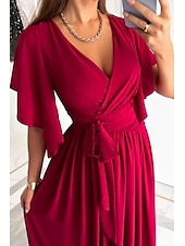preiswerte Weiße Freizeitkleider-Damen kleid lang Formelle Kleidung Modisch Trompetenärmel Party Verabredung Regular Fit Glatt Kurzarm V Ausschnitt Schwarz Rote Blau Khaki Sommer