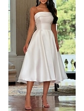 cheap Little White Dresses-Engagement Little White Dresses Wedding Dresses A-Line Sweetheart Sleeveless Tea Length Satin Bridal Gowns With Pleats Solid Color 2025