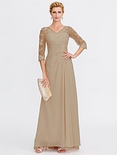 economico Lunghezza del pavimento-ts beach wedding a-line madre della sposa abito da sposa invitata elegante taglie forti trasparente scollo a V lunghezza pavimento chiffon mezza manica con applicazioni drappeggio laterale 2025