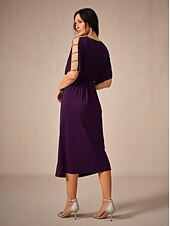 abordables Robe de cocktail-Femmes Longueur du thé Robe Tricot Élégant Soirée Date Coupe régulière Couleur Unie Manche Courte Col en V Aubergine Été