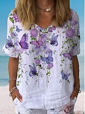 cheap Art&amp;Design Tops-Women&#039;s Shirt Floral Daily Stylish Casual Short Sleeve Crew Neck Regular Tops Daily Holiday Beach Wear Print White Yellow Red Purple Summer Spring