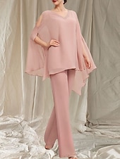 baratos Comprimento do chão-Macacão  Vestido de Calça Mãe da Noiva Vestido Convidada de Casamento Elegante Decote em V Comprimento do Chão Chiffon Manga Longa com Aplicações
