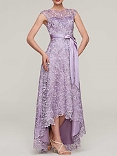 abordables Longueur du thé-Robe Mère de la Mariée A-Line Invité de Mariage Élégante Minimaliste Détachable Col Bascule Asymétrique Mi-Longue en Dentelle Charmeuse Sans Manches avec Dentelle Robe Midi 2025