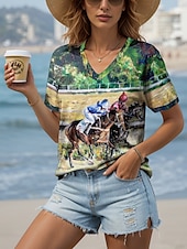 economico Kentucky Top-Derby del Kentucky Per donna Maglietta Grafico Animale Cavallo Elegante Casual Manica Corta Scollo a V Top Regolari Quotidiano Weekend Stampato Verde Estate Primavera
