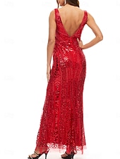 preiswerte Bodenlänge-Kleid Mutter der Braut Kleid Elegantes Partykleid V-Ausschnitt Bodenlänge Polyester Ärmellos mit Pailletten