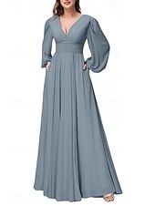 economico Abiti da damigella-abito da damigella a trapezio scollo a V manica lunga elegante lunghezza pavimento in chiffon con pieghe / spacco frontale / arricciatura 2025