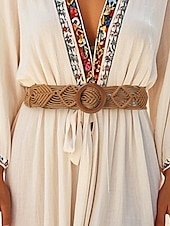 levne Dámský pásek-tkaný opasek boho macrame pro ženy – ručně vyrobený široký bederní pás s dřevěnou přezkou, vintage chic styl pro šaty, ležérní outfity a letní plážové oblečení