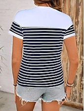 billige Stripe og geometrisk t-skjorte-Dame T skjorte hav Stripet Fritid Kortermet Rund hals Vanlige topper Daglig Ut på byen Helg Trykt mønster Navyblå Sommer