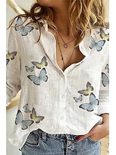ieftine Bluze și cămăși-Pentru femei Cămașă Bluză Fluture Floare Modern Casual Manșon Lung Guler Cămașă Topuri obișnuite Concediu Ieșire Nasturi Imprimeu Alb Albastru piscină Kaki Bej Albastru Deschis Vară