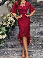 cheap Under $129.99-Dress Mother of the Bride Dress Elegant Party Simple Crew Neck Asymmetrical Spandex Short Sleeve with Lace