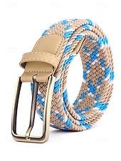cheap Men&#039;s Belts-Men&#039;s Braided Elastic Stretch Belt – Multicolor Woven Design with Leather Tip &amp; Metal Buckle, Casual &amp; Golf Style, Adjustable Fit for Jeans &amp; Trousers, Perfect for Sports &amp; Everyday Wear