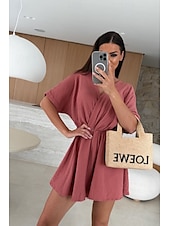 billige uformelle jumpsuits-Dame Sparkedrakter Fritid Helfarge Halvlange ermer T-skjorte V-hals Elastisk midje Høy Midje Daglig Normal Svart Hvit Rosa Sommer