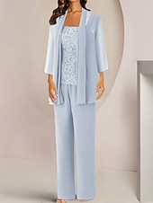 economico Tailleur pantalone della mamma-Tuta  abito intero 3 pezzi madre della sposa invitata al matrimonio elegante collo quadrato lunghezza caviglia in chiffon pizzo maniche mezze con applicazioni