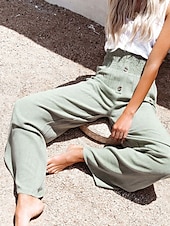 abordables Pantalón liso de lino y algodón-Mujer Pantalones de lino y algodón pantalones Casual Longitud total Cintura Media Plano Cintura elástica Confortable Al Aire Libre Deporte Calle Vino Azul marinero Gris Negro Verano Ajuste regular