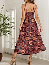 tanie Sukienki boho-Damskie Sukienka maxi Sukienka letnia Sukienka A line Sukienka na ramiączkach Codzienny Plaża Regularny Graficzny Zabytkowe Artystyczny Bez rękawów W serek Cienkie ramiączka Wino Lato Wiosna