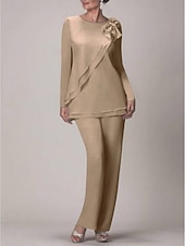 voordelige Broekpakken van mama-Strand Bruiloft Twee Delige Jumpsuit  Pantsuit Moeder van de Bruid Bruiloft Gast Elegante Plus Size Juweel Hals Vloerlengte Chiffon Lange Mouw met Strik(ken) Rimpelingen 2025