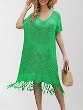 abordables Robes de plage-Maillots de bain pour femmes robe de nage maillot de bain découpé frange vacances vêtements de plage couleur unie col en V manches courtes maillots de bain