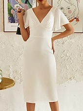 voordelige Kleine witte jurkjes-Verloving Kleine Afstudeerwitte Jurken Bruidsjurken Sheath  Kolom V-Hals Korte Mouwen Thee Lengte Chiffon Bruidsjurken Met Rimpeling Effen Kleur