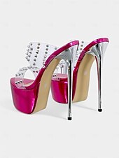 abordables Fête de la Vie Nocturne-Talons hauts à plateforme rose vif pour femmes - mules à talons aiguilles à brides transparentes cloutées pour la vie nocturne et les clubs