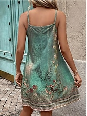 tanie Sukienka boho-Damskie Sukienka mini Sukienka A line Letnie sukienki Sukienka na ramiączkach Sukienka z odkrytymi ramionami Urlop Codzienny Urlop Codzienny Regularny Kwiaty Graficzny Bez rękawów W serek Zielony Lato