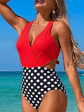 billige Onepiece badedrakter-Kvinners Badetøy Én Delt Monokini Badedrakt Ryggløs Magekontroll Høy Midje Slim Ferie Strandklær Blomster Prikkete V-Hals Ermeløs Badedrakter