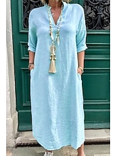 preiswerte Kleider aus Baumwolle und Leinen entwerfen-Damen Midikleid Leinen-inspirierte Kleider Baumwoll-Leinenkleid Basic Klassisch Modern Täglich Ferien Wochenende Normale Passform Einfach Langarm V Ausschnitt Rosa Grün Aprikose Leicht Blau Sommer