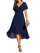 baratos Vestidos para Madrinhas-Linha A Vestido de Madrinha Decote V Manga Curta Elegante Assimétrico Chiffon com Franzido 2022