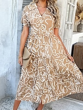 billiga Blommiga klänningar-Kvinnors Maxi Klänning A Linje Klänning Fit Och Flare Klänning Avslappnad Semester Daglig Regular Fit Grafisk Kort Ärmar V Hals Vit Gul Rosa Khaki Sommar