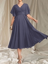 preiswerte Teelänge-A-Linie Brautmutterkleid Hochzeitsgast Elegant V-Ausschnitt Tee-Länge Chiffon Kurzarm mit Applikationen Raffung Midi-Kleid 2025