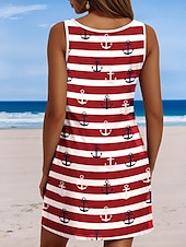 ieftine Rochii cu dungi și geometrice-Pentru femei Rochie Mini Rochie Mini Rochie de Vară Rochie A line Rochie Tip Maieu Casual Vacanță Zilnic Plajă Potrivire Largă Inimă Trandafir Steag Fără manșon Stil Nautic Alb Roșu-aprins Albastru