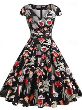 tanie Sukienki-Lata 50. Retro / vintage Rockabilly Do kolan Sukienka kopertowa Sukienka huśtawka Rozkloszowana sukienka Normalny Krótki kimonowy Kwiaty Obcisła i rozszerzona Huśtawka wisząca W serek Strój na bal