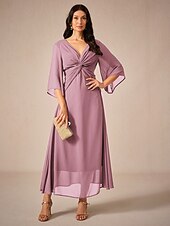 ieftine Rochii Party-rochie de cocktail pentru invitați la nuntă pentru femei șifon uni cu volane răsucite elegantă rochie maxi de vară cu decolteu în V mânecă evazată lungime 3/4