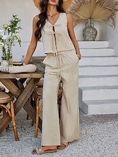 cheap Sets-Women&#039;s Active Basic Linen-Inspired Sets Two Piece Sets Vest Sleeveless V Neck Solid Color Lace up Casual Daily White Wine Dark Navy Summer Regular Fit