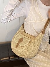olcso Keresztpántos táskák-női nagy kapacitású, kézzel készített szalmából készült nyeregtáska válltáska - bohém crossbody táska elülső zsebbel, nyári strandtáska, alkalmi utazótáska nyaraláshoz, vásárláshoz és mindennapi használatra