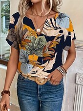 ieftine tricou Art &amp; Design-Pentru femei Tricou Floral Modă Modern Manșon scurt În V Topuri obișnuite Zilnic Imprimeu Bleumarin Trifoi Kaki Vară