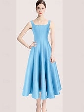 abordables Robes de cocktail-Robes de quinceanera en forme A Robe vintage Mariage invitée de mariage longueur thé sans manches col arrondi polyester dos nu avec plis