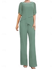 cheap Mom&#039;s Pant Suits-Pantsuit Mother of the Bride Dress Wedding Guest Elegant Simple Square Neck Floor Length Polyester Short Sleeve with Solid Color