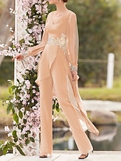 voordelige Mama&amp;#39;s jumpsuits-Jumpsuit  Pantsuit Moeder van de Bruid Formele Bruiloft Gast Elegante V Hals Vloerlengte Chiffon Kant Lange Mouw met Appliqués gratis op maat gemaakt