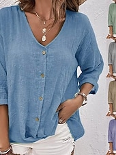 baratos Camisas-Mulheres Camisa Social Camisas com toque de linho Botão para cima Blusa Botões Tecido Básico Moderno Manga Longa Decote V Tops regulares Diário Feriado Azul Rosa Roxo Verde Verão