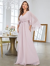 cheap Floor Length-Dress Mother of the Bride Dress Elegant Party V Neck Floor Length Polyester Half Sleeve with Appliques 2025
