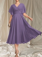 preiswerte Teelänge-A-Linie Brautmutterkleid Hochzeitsgast Elegant V-Ausschnitt Tee-Länge Chiffon Kurzarm mit Applikationen Raffung Midi-Kleid 2025