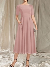 abordables Longueur du thé-Robe Mère de la Mariée A-Line Invité de Mariage Élégante Col Arrondi Longueur Thé Chiffon Manches Courtes avec Perles Appliques Robe Midi 2025