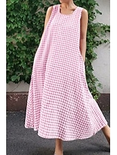 abordables Robes décontractées-robe midi femme robe décontractée mode classique moderne vacances quotidien sortie coupe classique à carreaux sans manches col carré noir jaune vert clair rose été