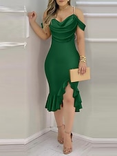 ieftine Bodycon Club Dresses-Pentru femei Rochii Midi Rochie eleganta Elegant Concediu Dată Fit regulat Culoare solidă Manșon scurt Glugă Gât Negru Roșu-aprins Albastru piscină Trifoi Vară