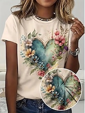 cheap Floral tee-Women&#039;s T Shirt Summer Tops Heart Graphic Classic Casual Short Sleeve Crew Neck Crop Tops Daily Weekend Print Rainbow Summer Spring Fall