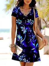 cheap Art&amp;Design Dress-Women&#039;s Mini Dress T Shirt Dress Tee Dress A Line Dress Summer Dress Casual Daily Regular Fit Floral Graphic Short Sleeve Crewneck Blue Fuchsia Green Summer Spring