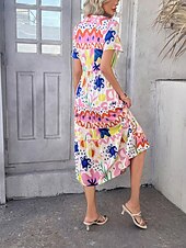 billiga Blommiga klänningar-Kvinnors Maxi Klänning A Linje Klänning Fit Och Flare Klänning Avslappnad Semester Daglig Regular Fit Grafisk Kort Ärmar V Hals Vit Gul Rosa Khaki Sommar