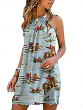 preiswerte Kentucky Kleid-Damen Minikleid Sommerkleid Halterkleid Lässig Boho Täglich Normale Passform Grafik Ärmellos Rundhalsausschnitt Blau Sommer